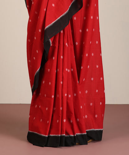 Red Hanndloom Cotton Polka Motif Ikat Saree