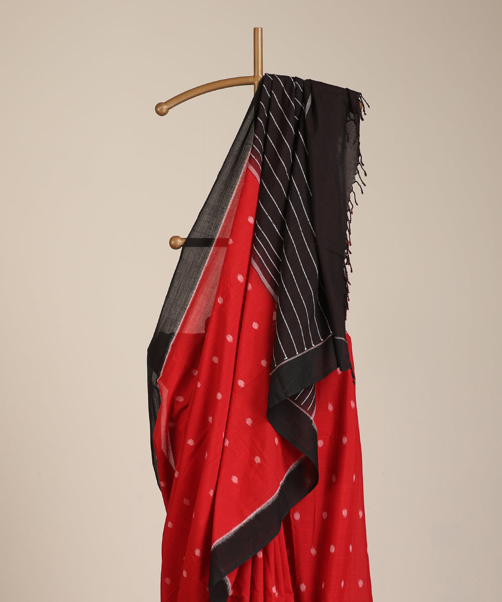 Red Hanndloom Cotton Polka Motif Ikat Saree