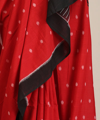 Red Hanndloom Cotton Polka Motif Ikat Saree