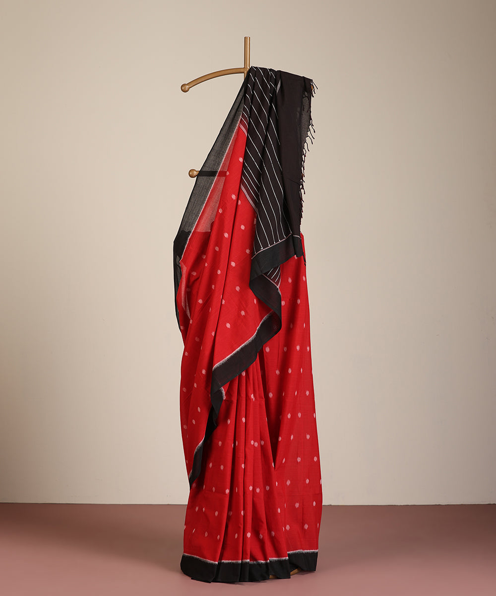 Red Hanndloom Cotton Polka Motif Ikat Saree