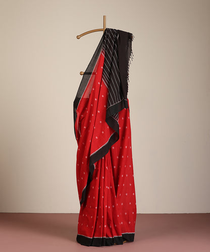 Red Hanndloom Cotton Polka Motif Ikat Saree