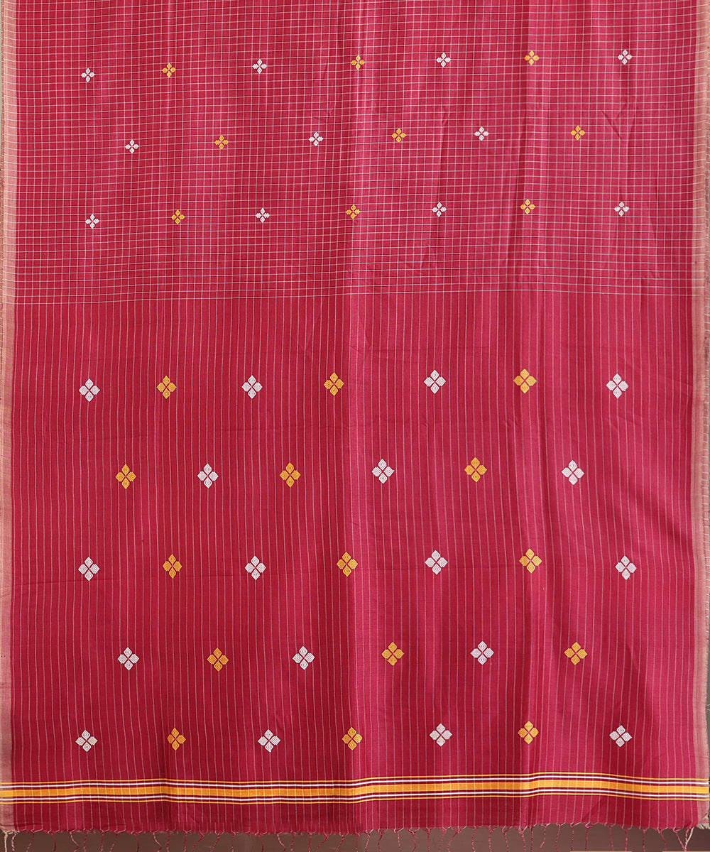 Maroon Handloom Chequered Tussar Ikat Saree With Floral Motif Pallu