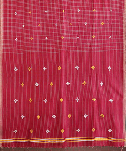 Maroon Handloom Chequered Tussar Ikat Saree With Floral Motif Pallu