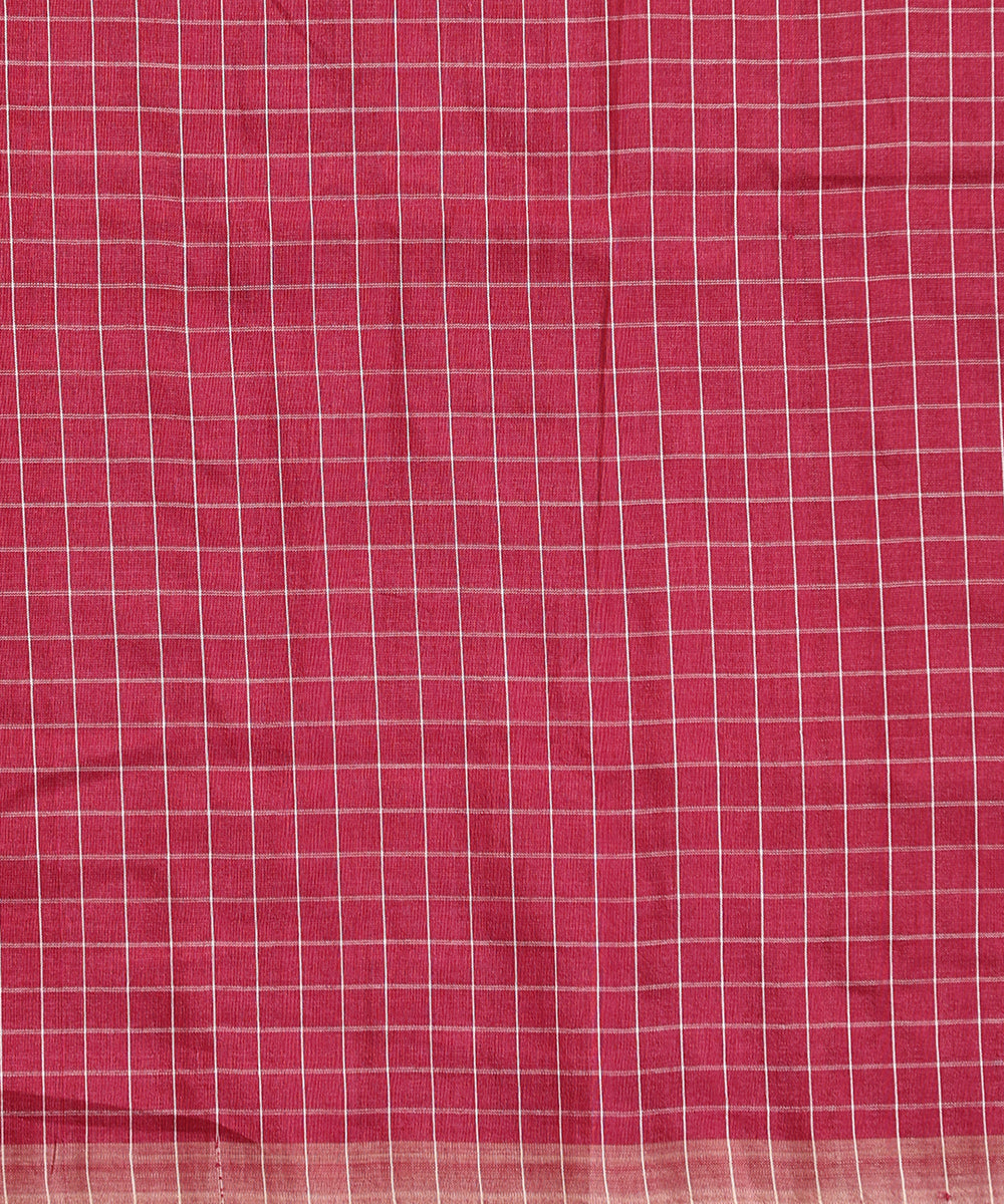 Maroon Handloom Chequered Tussar Ikat Saree With Floral Motif Pallu