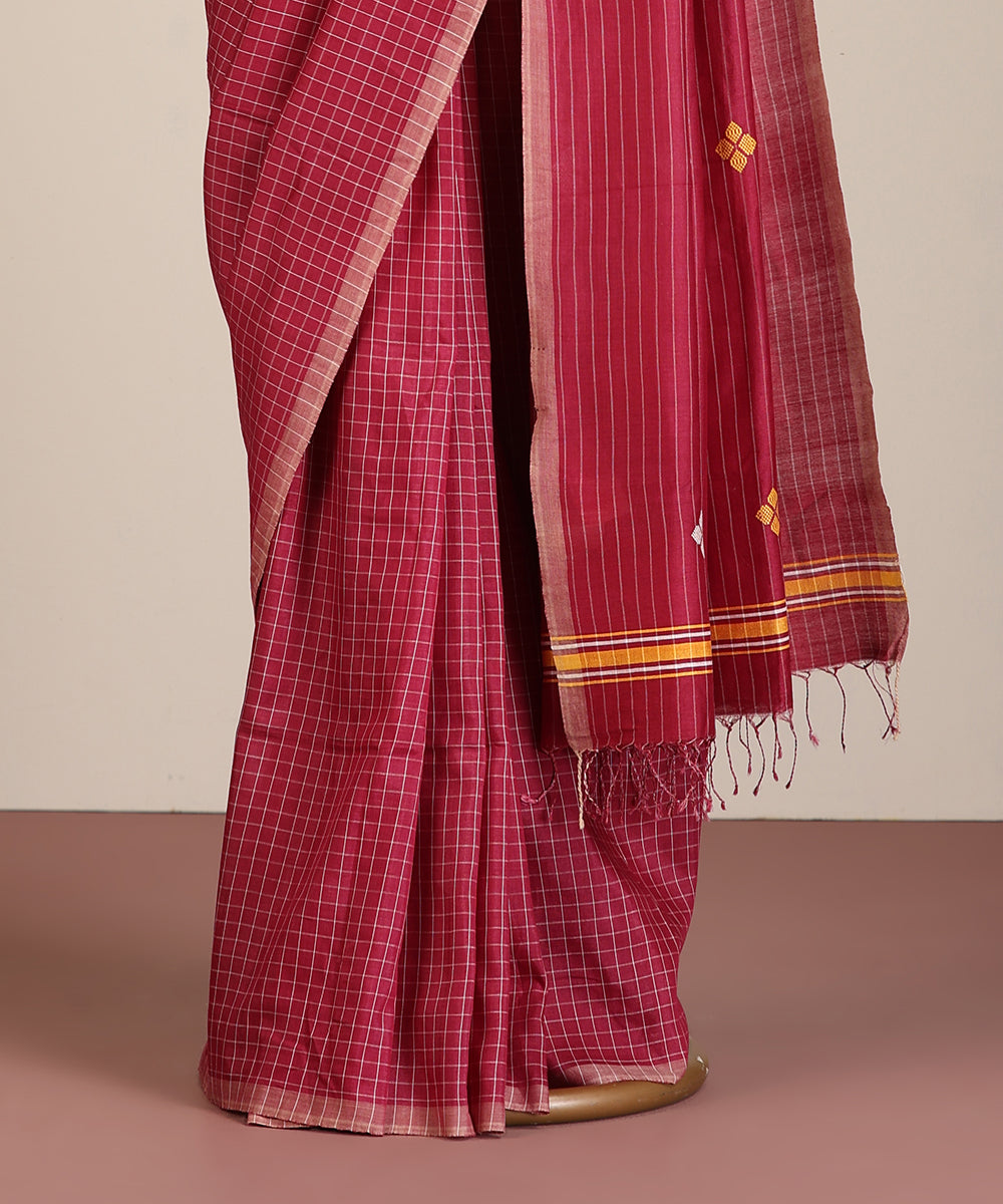 Maroon Handloom Chequered Tussar Ikat Saree With Floral Motif Pallu
