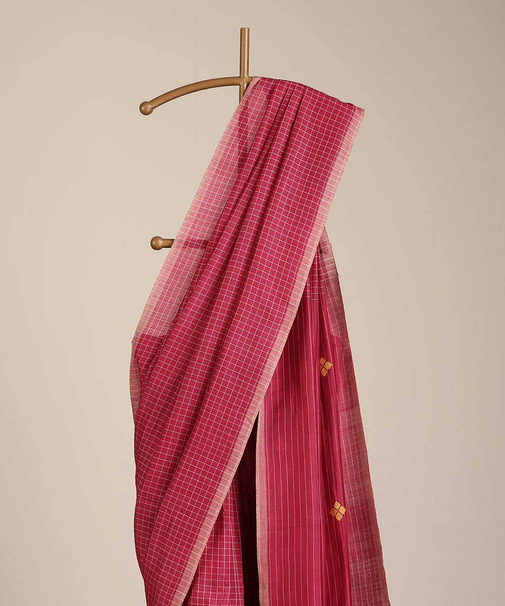 Maroon Handloom Chequered Tussar Ikat Saree With Floral Motif Pallu