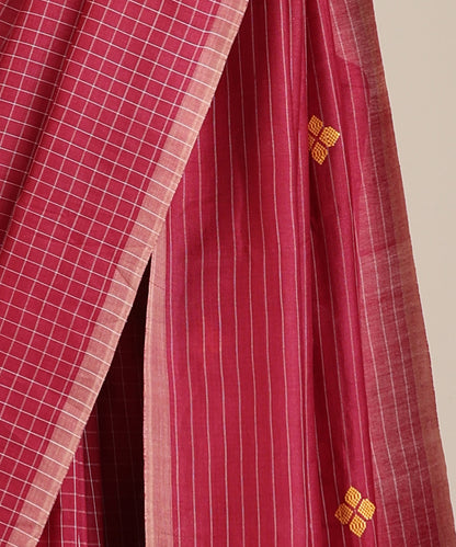 Maroon Handloom Chequered Tussar Ikat Saree With Floral Motif Pallu
