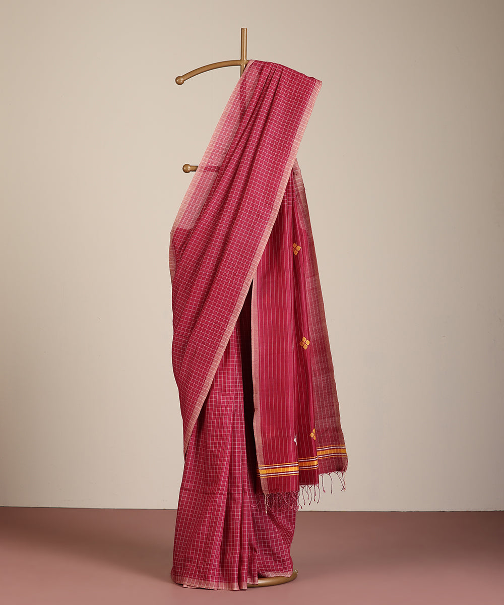 Maroon Handloom Chequered Tussar Ikat Saree With Floral Motif Pallu