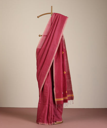 Maroon Handloom Chequered Tussar Ikat Saree With Floral Motif Pallu