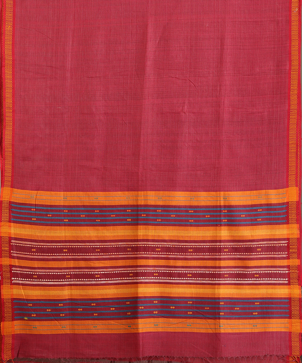 Brick Red Handloom Cotton Tussar Ikat Saree With Coloured Motifs Pallu