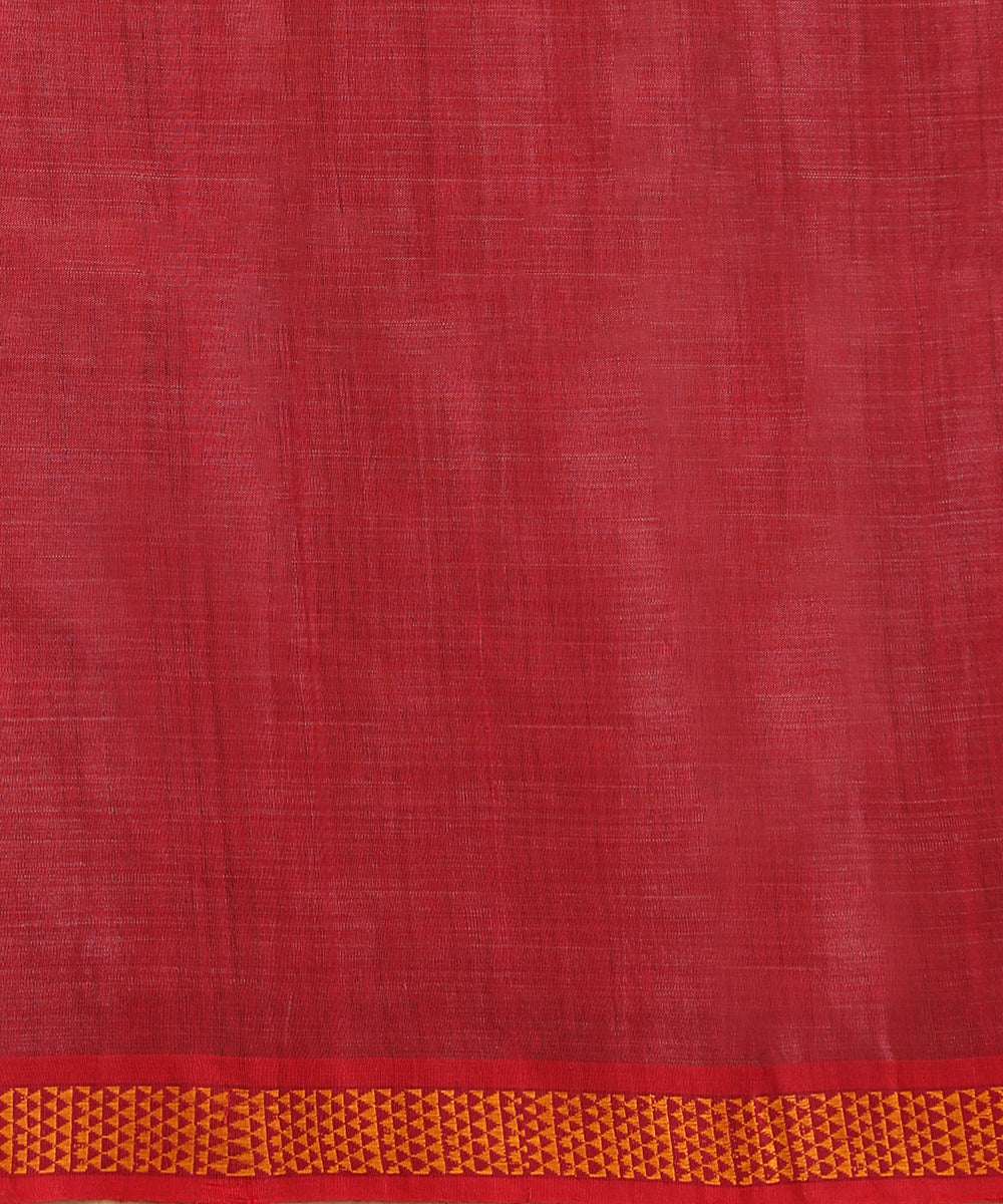 Brick Red Handloom Cotton Tussar Ikat Saree With Coloured Motifs Pallu