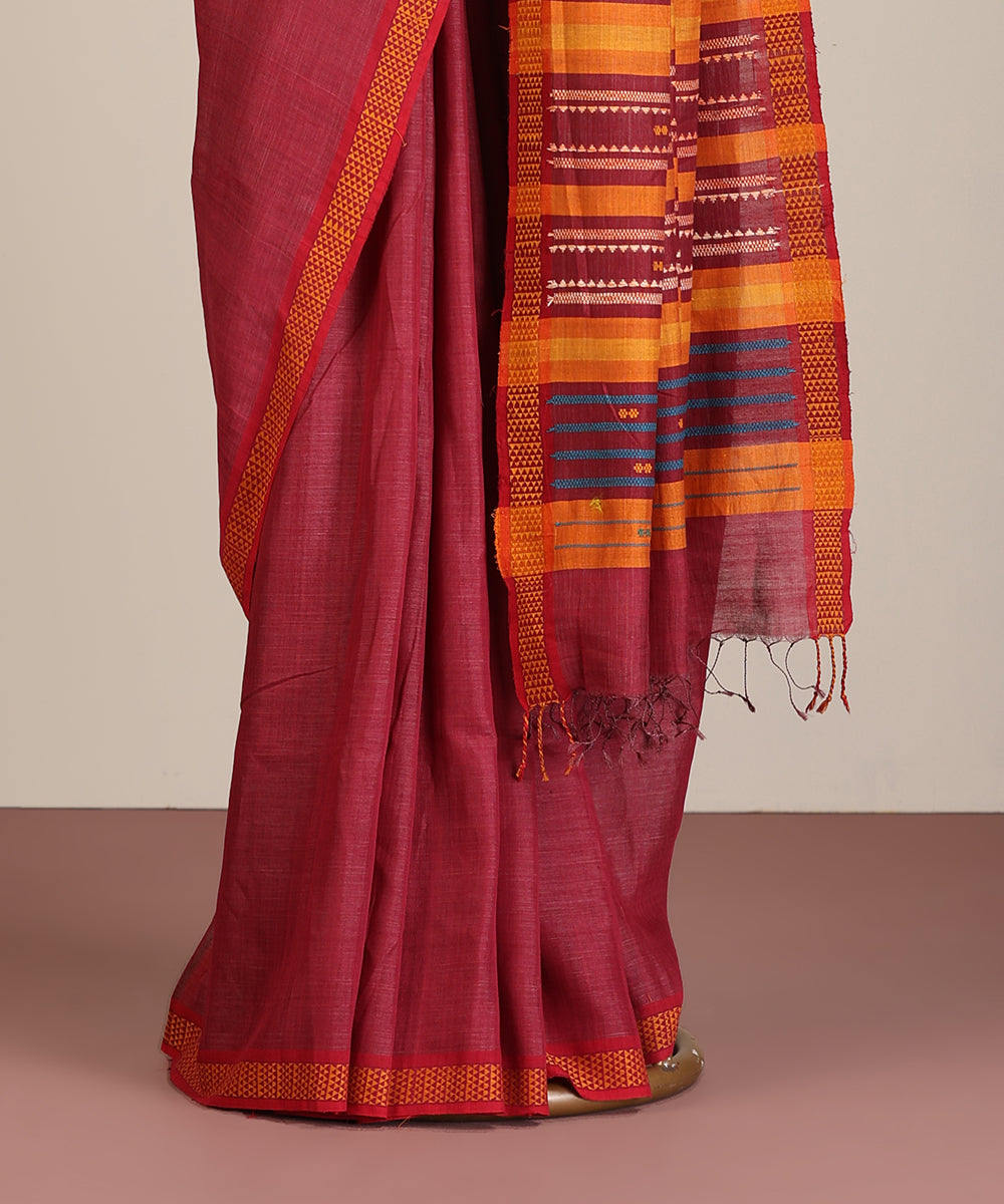 Brick Red Handloom Cotton Tussar Ikat Saree With Coloured Motifs Pallu