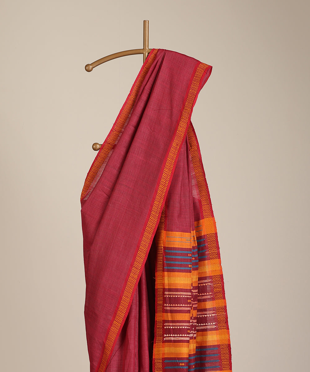 Brick Red Handloom Cotton Tussar Ikat Saree With Coloured Motifs Pallu