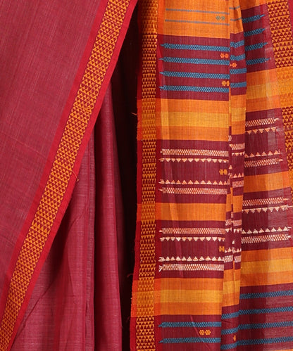 Brick Red Handloom Cotton Tussar Ikat Saree With Coloured Motifs Pallu