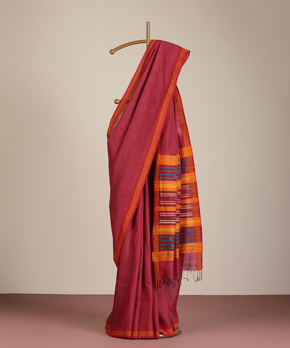 Brick Red Handloom Cotton Tussar Ikat Saree With Coloured Motifs Pallu