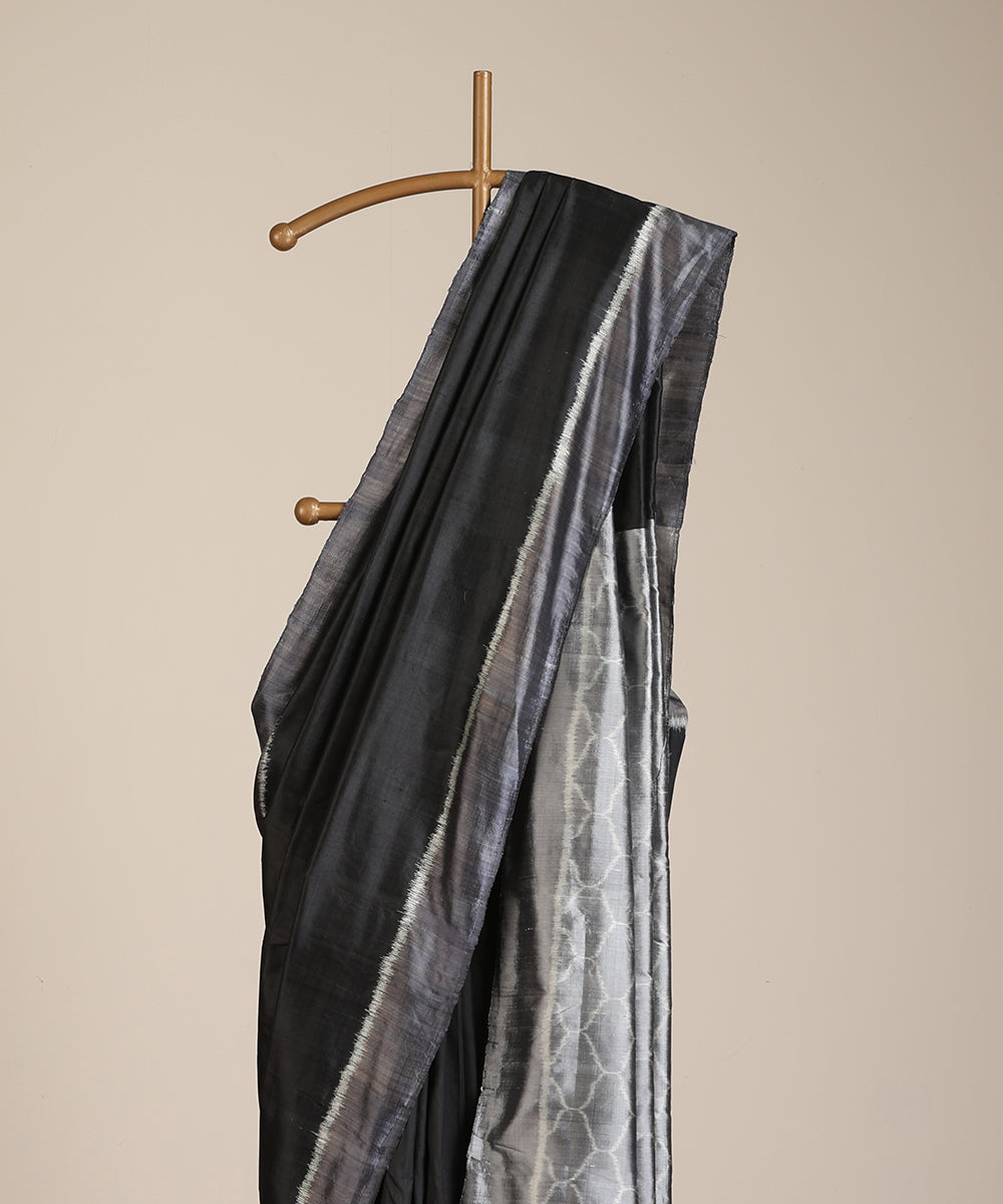 Black Handloom Silk Ikat Saree With Jaali Motif