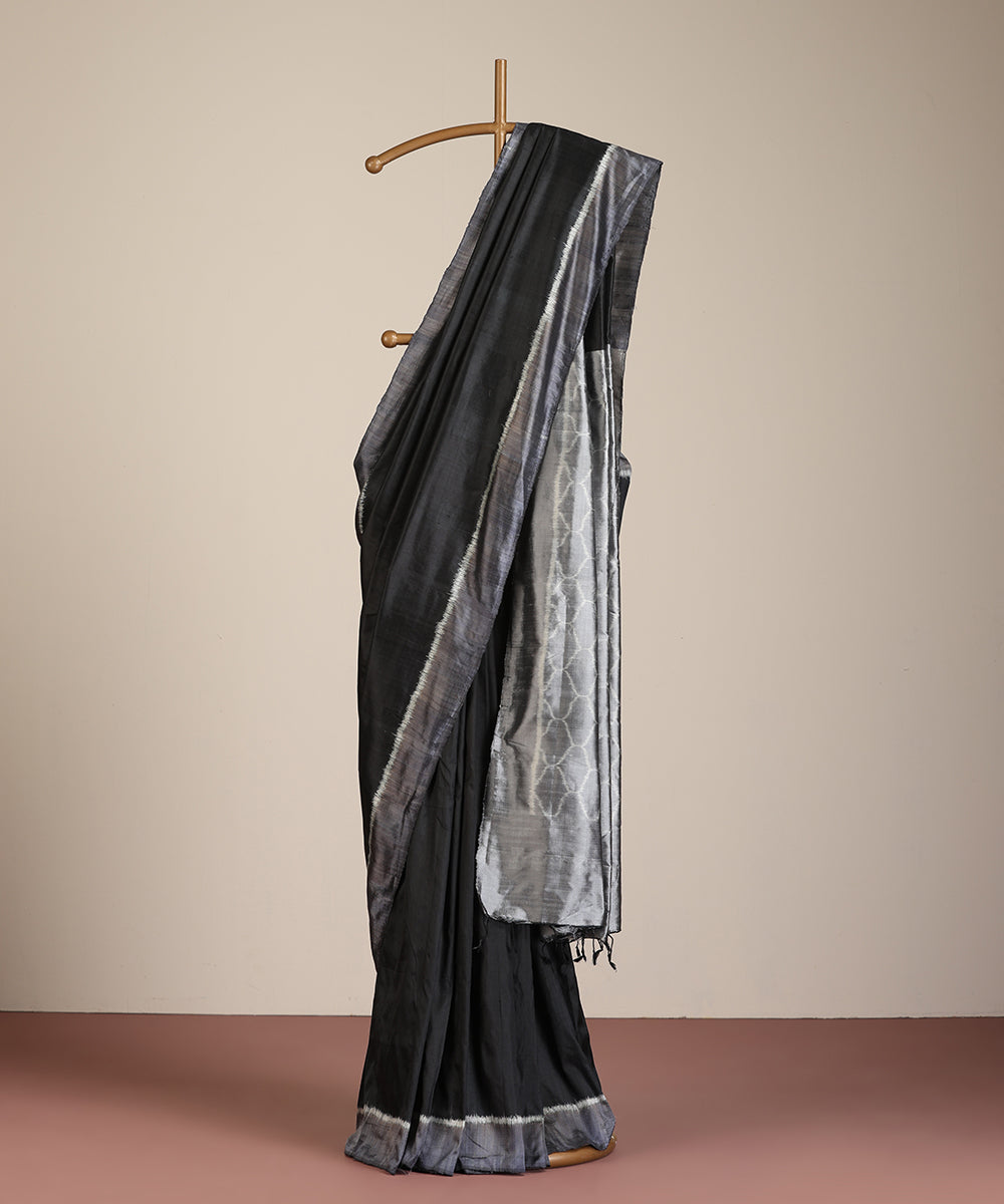 Black Handloom Silk Ikat Saree With Jaali Motif