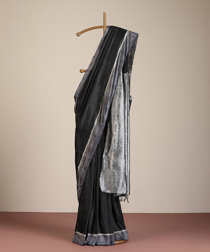 Black Handloom Silk Ikat Saree With Jaali Motif