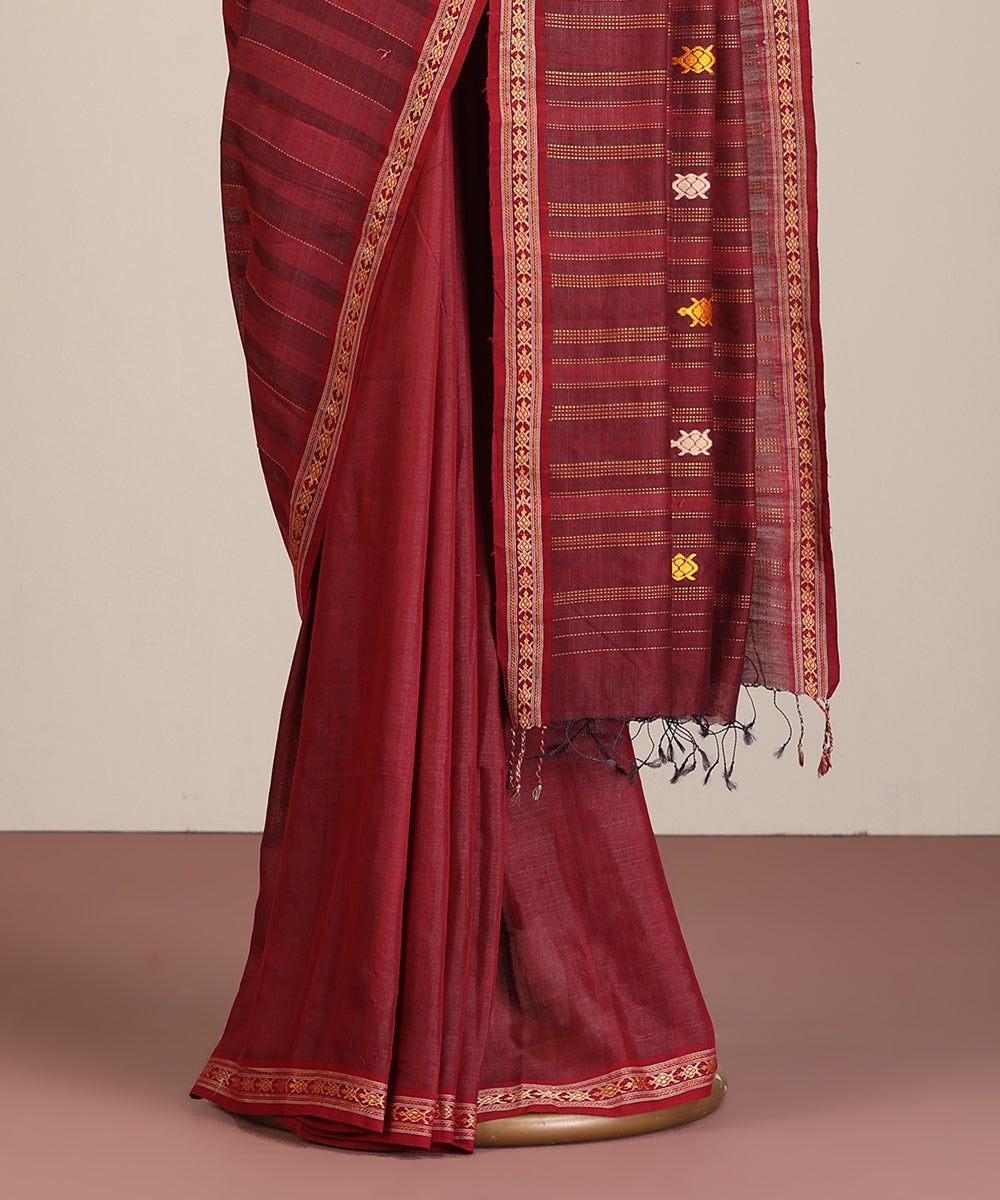 Wine Handloom Kachua Motif Tussar Cotton Ikat Saree