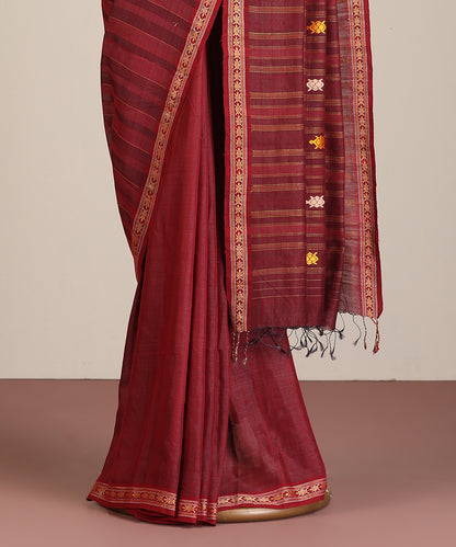 Wine Handloom Kachua Motif Tussar Cotton Ikat Saree