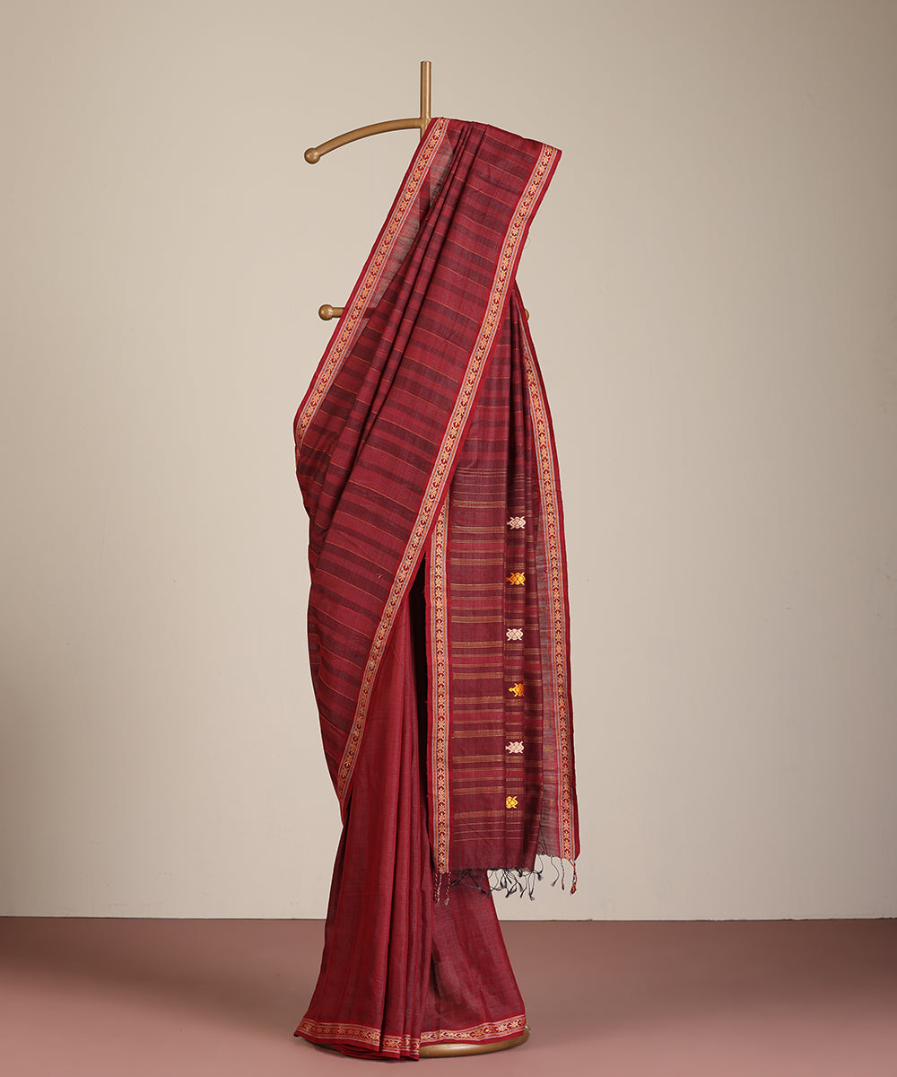 Wine Handloom Kachua Motif Tussar Cotton Ikat Saree
