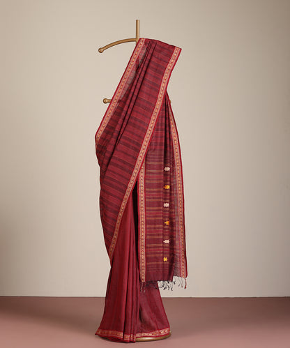 Wine Handloom Kachua Motif Tussar Cotton Ikat Saree