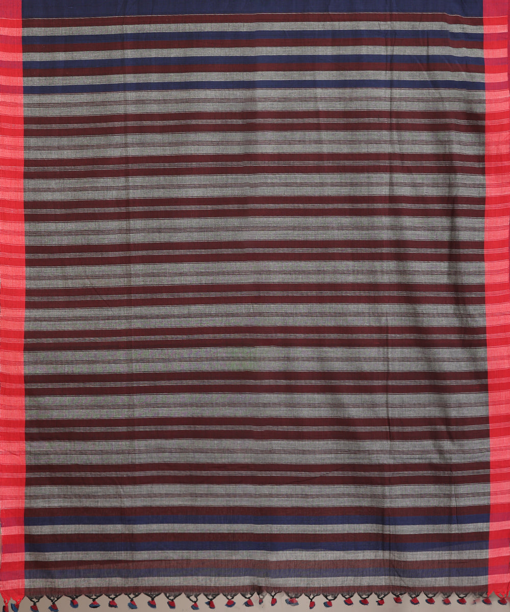 Blue Handloom Cotton Ikat Saree With Multicoloured Striped Pallu