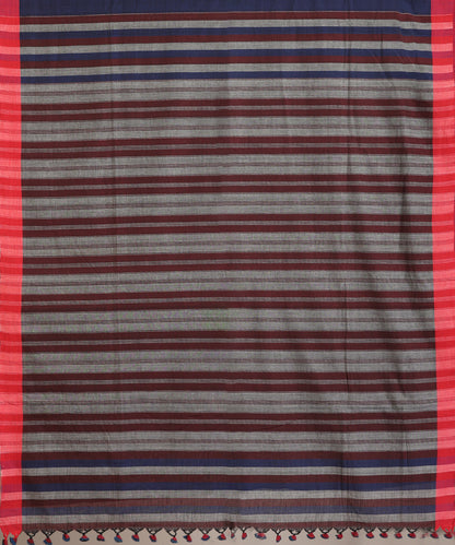Blue Handloom Cotton Ikat Saree With Multicoloured Striped Pallu
