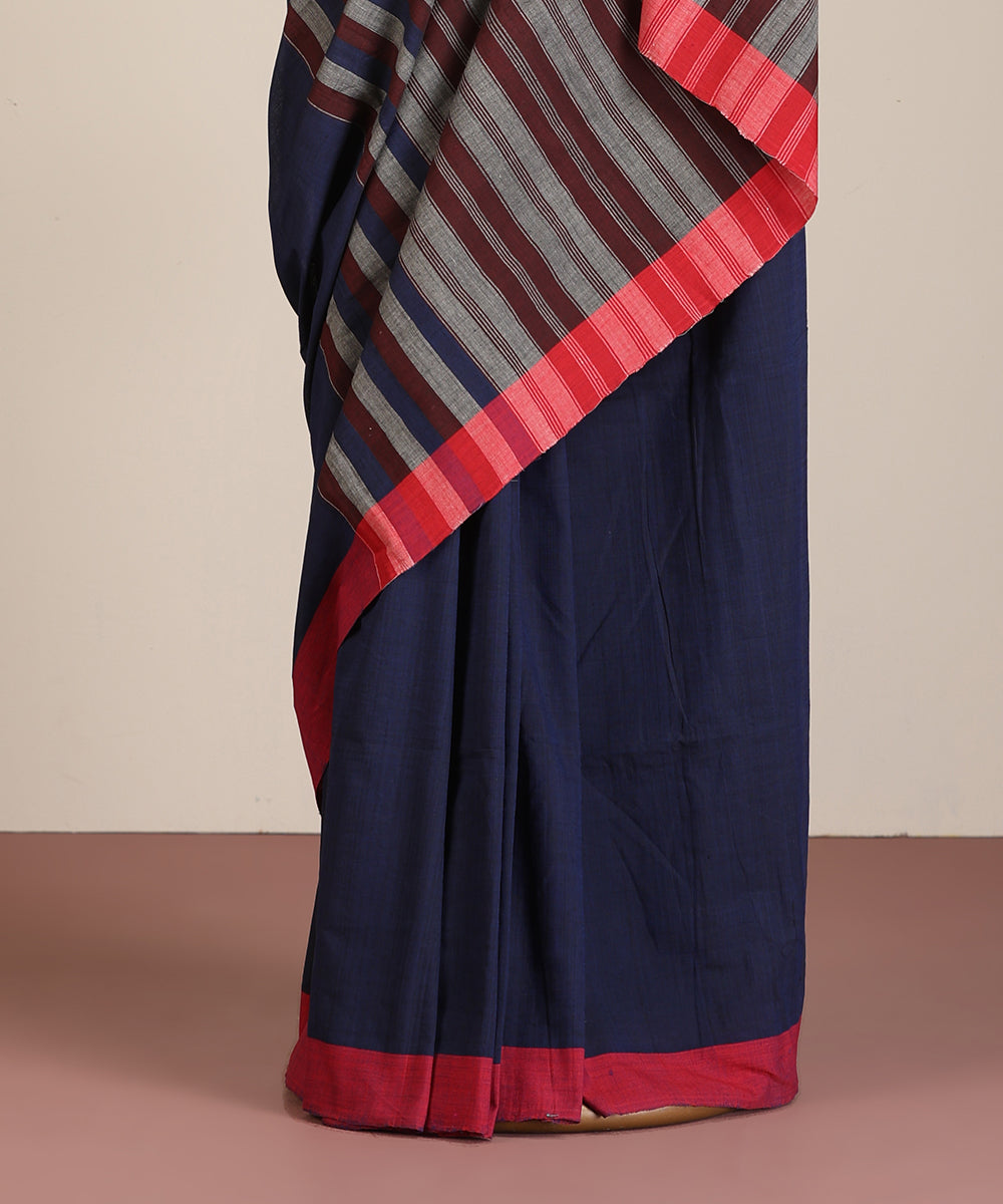 Blue Handloom Cotton Ikat Saree With Multicoloured Striped Pallu