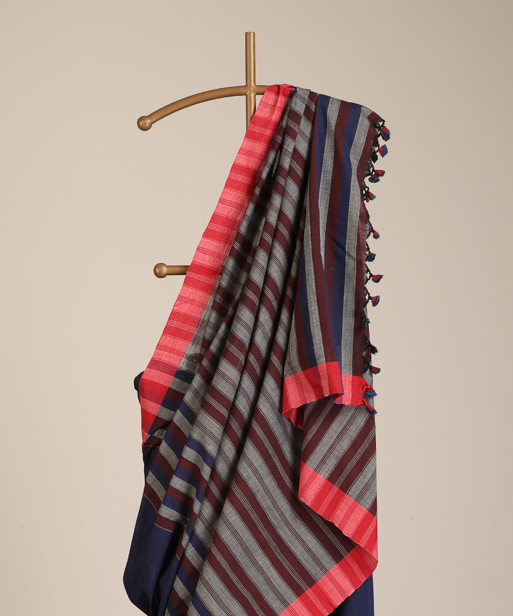 Blue Handloom Cotton Ikat Saree With Multicoloured Striped Pallu