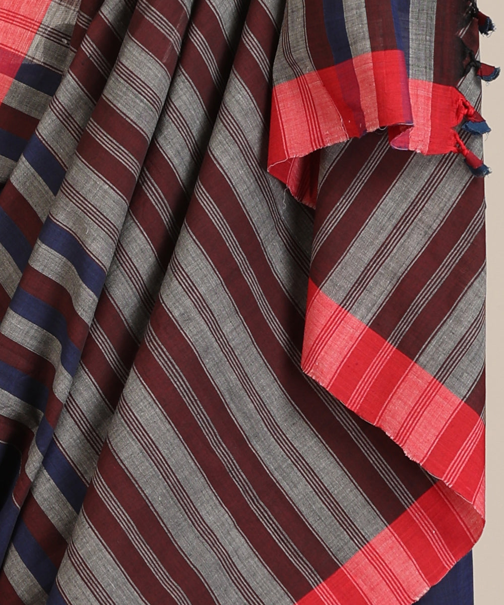 Blue Handloom Cotton Ikat Saree With Multicoloured Striped Pallu