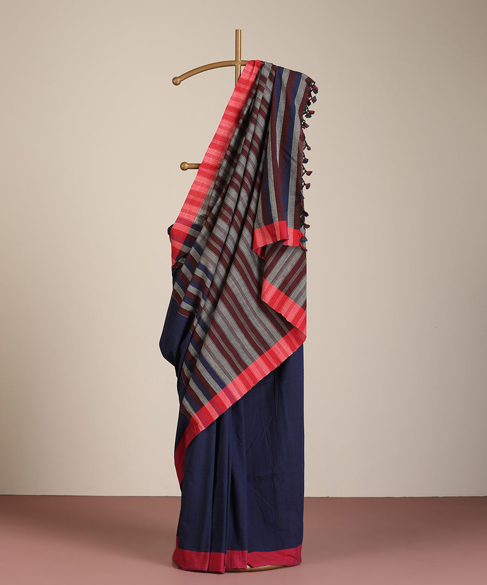 Blue Handloom Cotton Ikat Saree With Multicoloured Striped Pallu