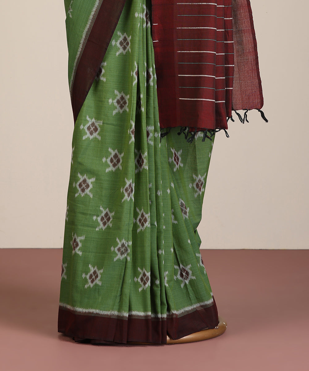 Green Handloom Cotton Tortoise Motif Ikat Saree