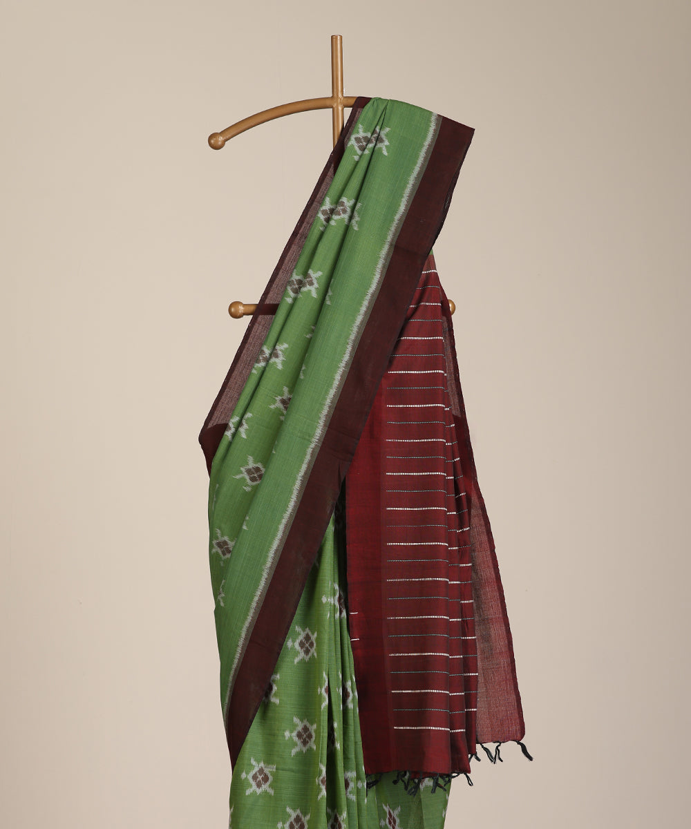 Green Handloom Cotton Tortoise Motif Ikat Saree