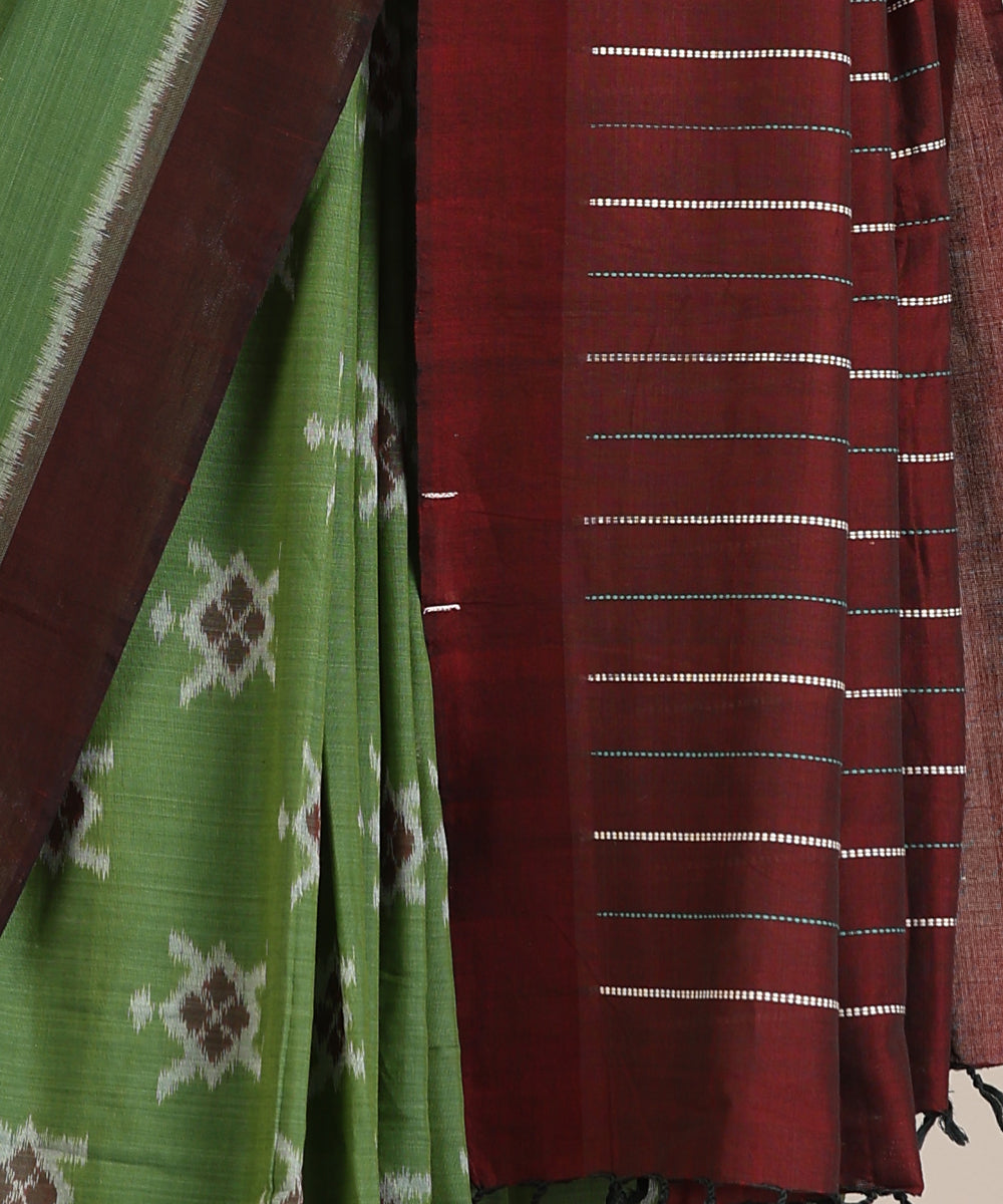 Green Handloom Cotton Tortoise Motif Ikat Saree