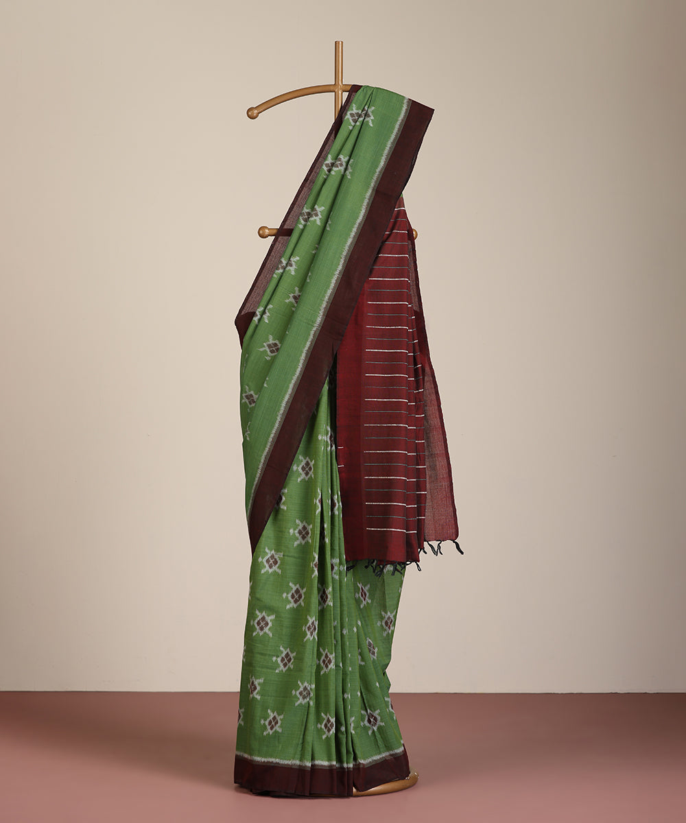 Green Handloom Cotton Tortoise Motif Ikat Saree