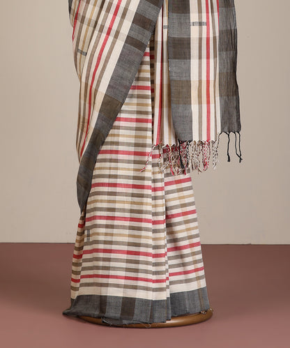 White-Grey Handloom Striped Cotton Ikat Saree