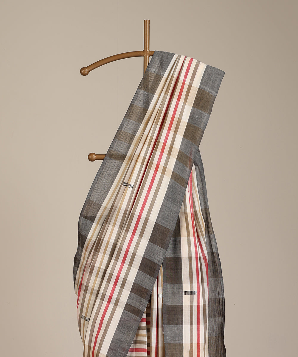 White-Grey Handloom Striped Cotton Ikat Saree