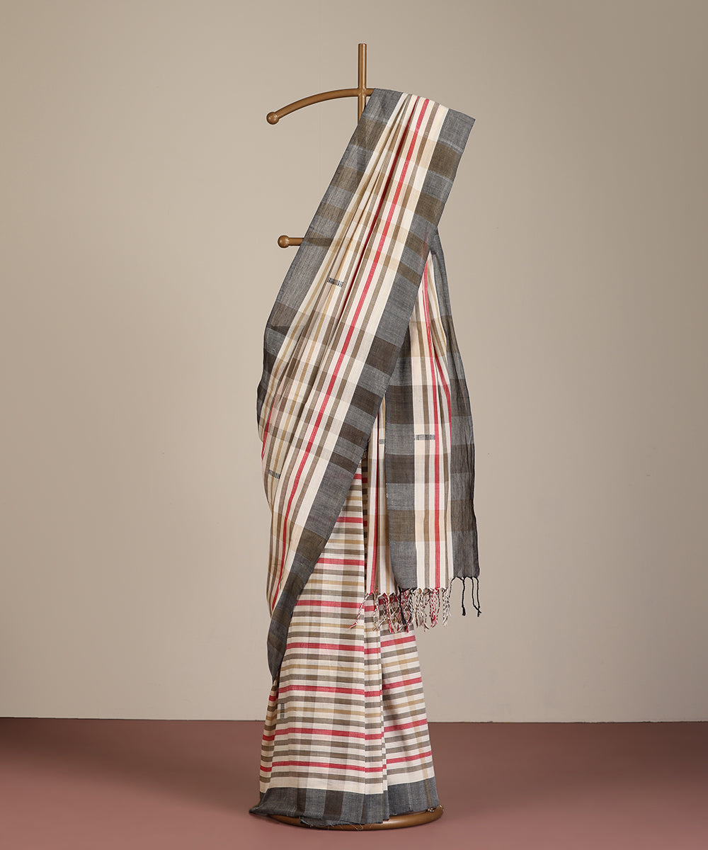 White-Grey Handloom Striped Cotton Ikat Saree