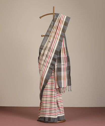 White-Grey Handloom Striped Cotton Ikat Saree