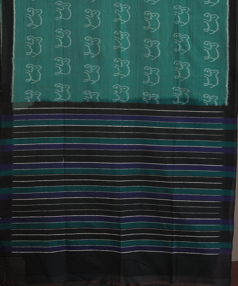 Green Handloom Cotton Hathi Motif Ikat Saree