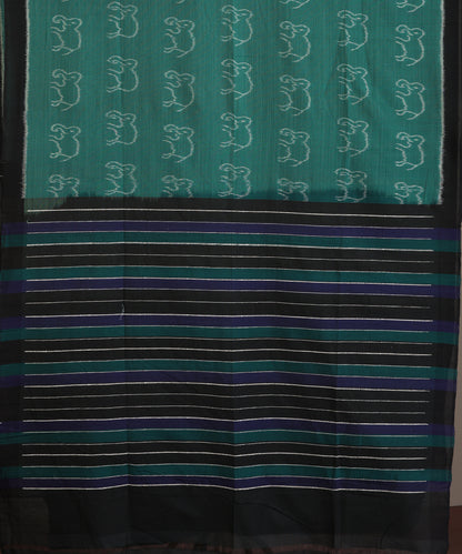 Green Handloom Cotton Hathi Motif Ikat Saree