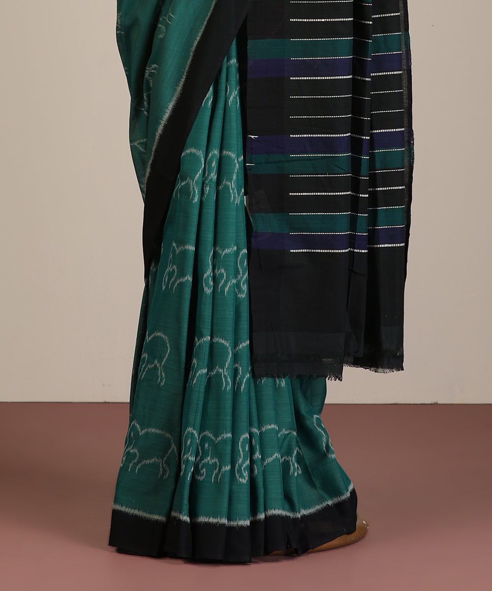 Green Handloom Cotton Hathi Motif Ikat Saree
