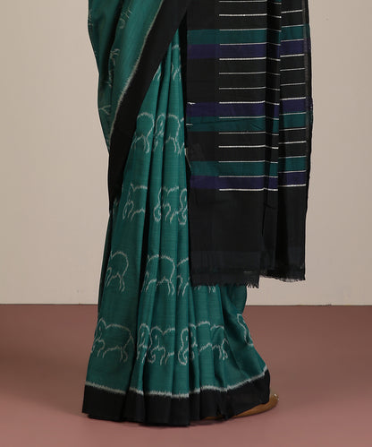 Green Handloom Cotton Hathi Motif Ikat Saree
