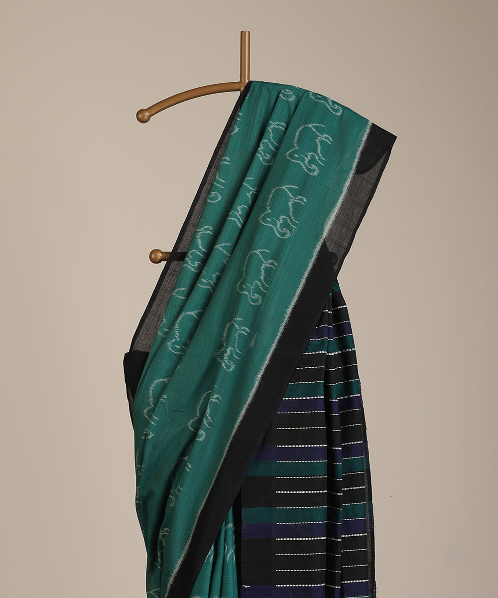 Green Handloom Cotton Hathi Motif Ikat Saree