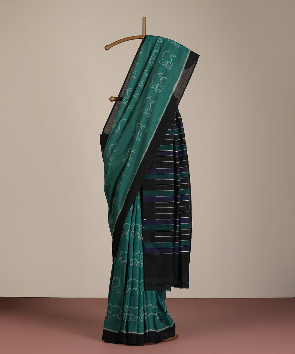 Green Handloom Cotton Hathi Motif Ikat Saree