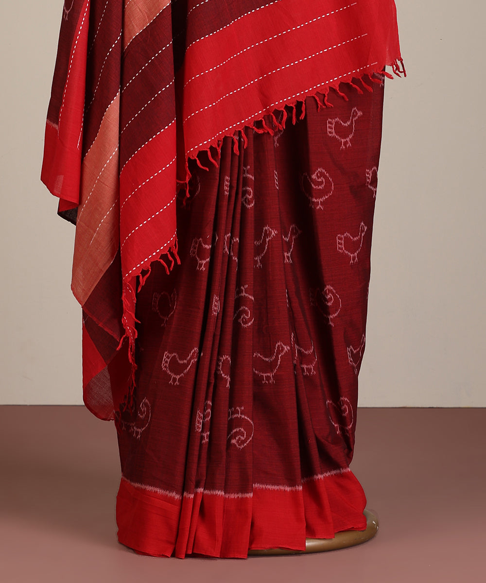 Maroon Handloom Batakh Motif Cotton Ikat Saree