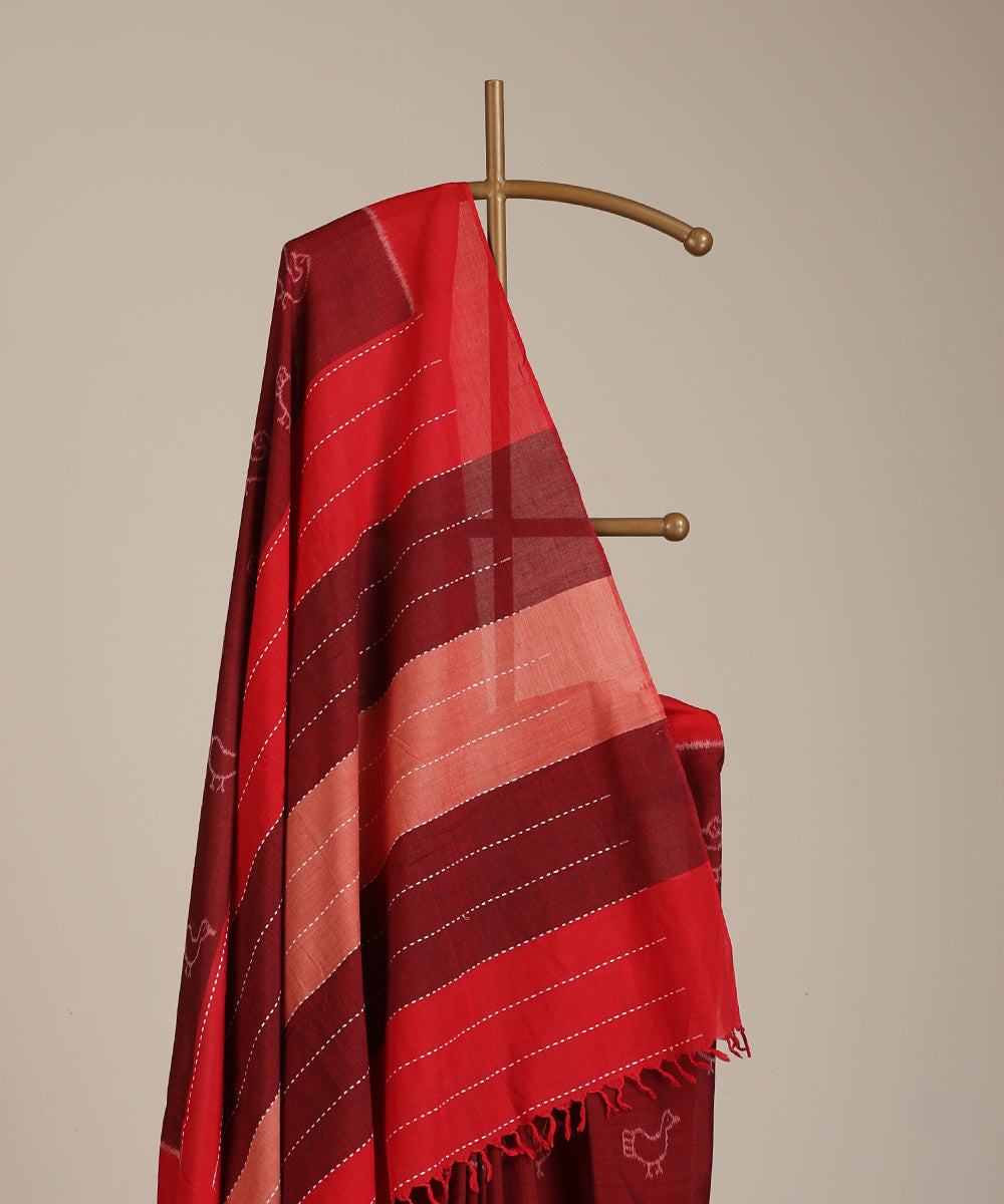 Maroon Handloom Batakh Motif Cotton Ikat Saree