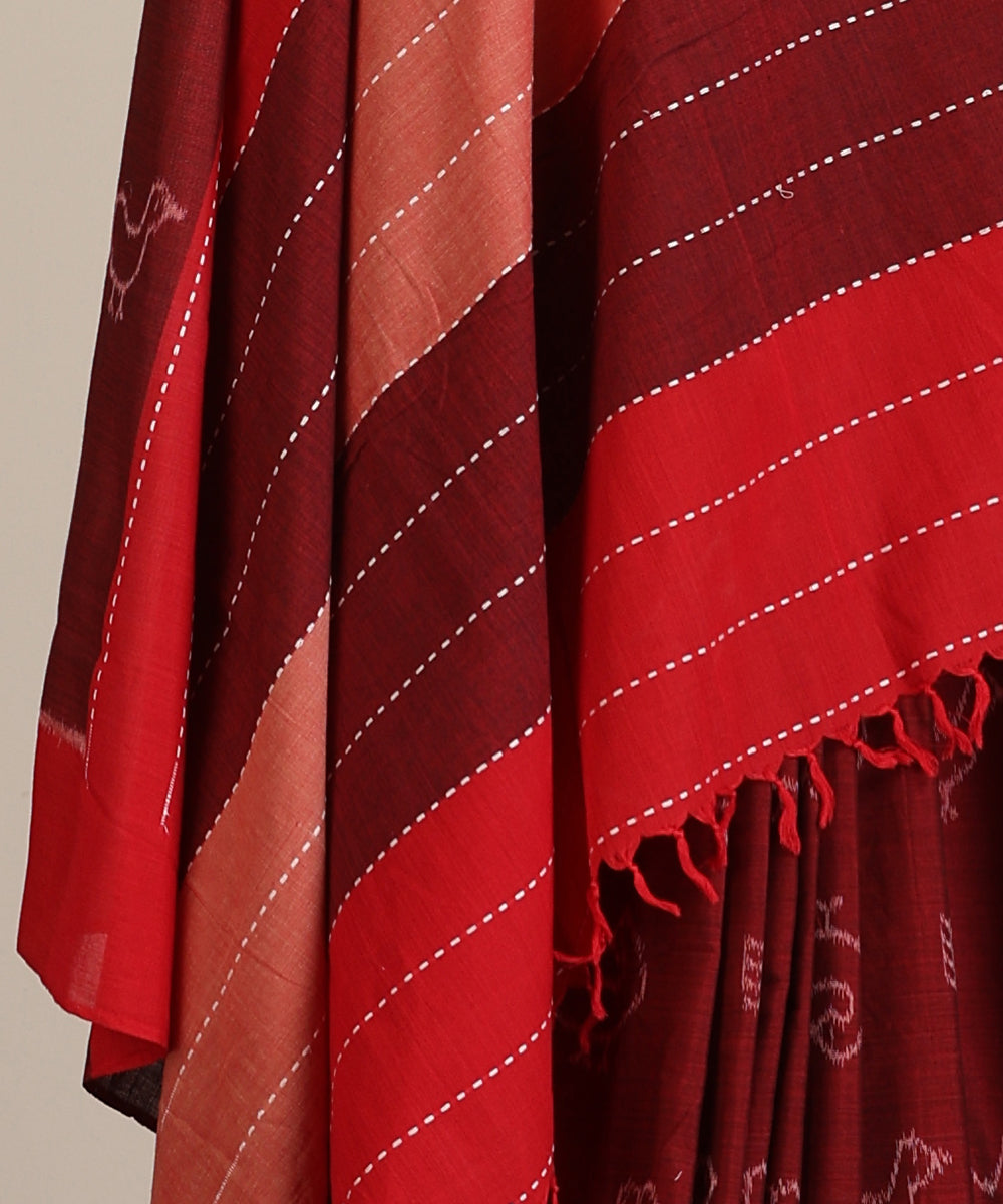 Maroon Handloom Batakh Motif Cotton Ikat Saree