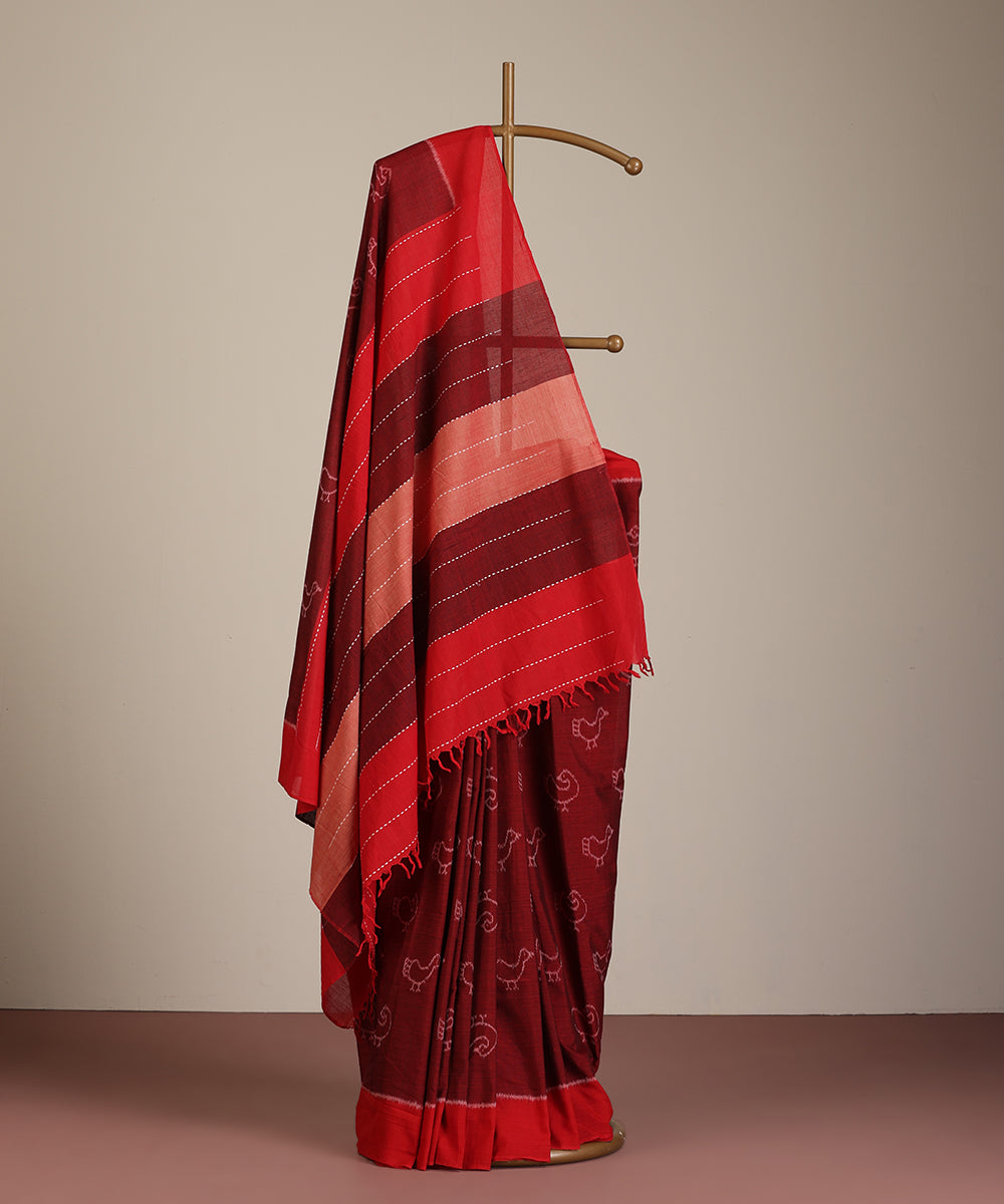 Maroon Handloom Batakh Motif Cotton Ikat Saree